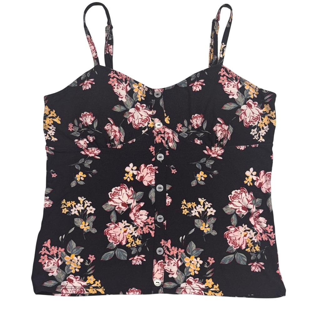 No Boundaries Floral Button Front Cami Tank Top Black Rose Print Juniors L 11-13 - Picture 2 of 10